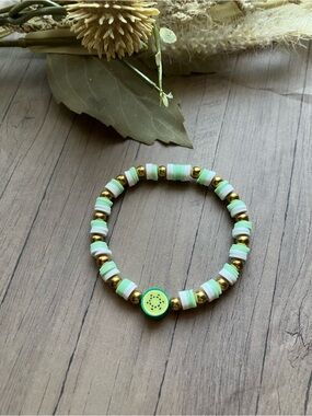Lime Green & White Beaded Stretch Bracelet with Gold Accents